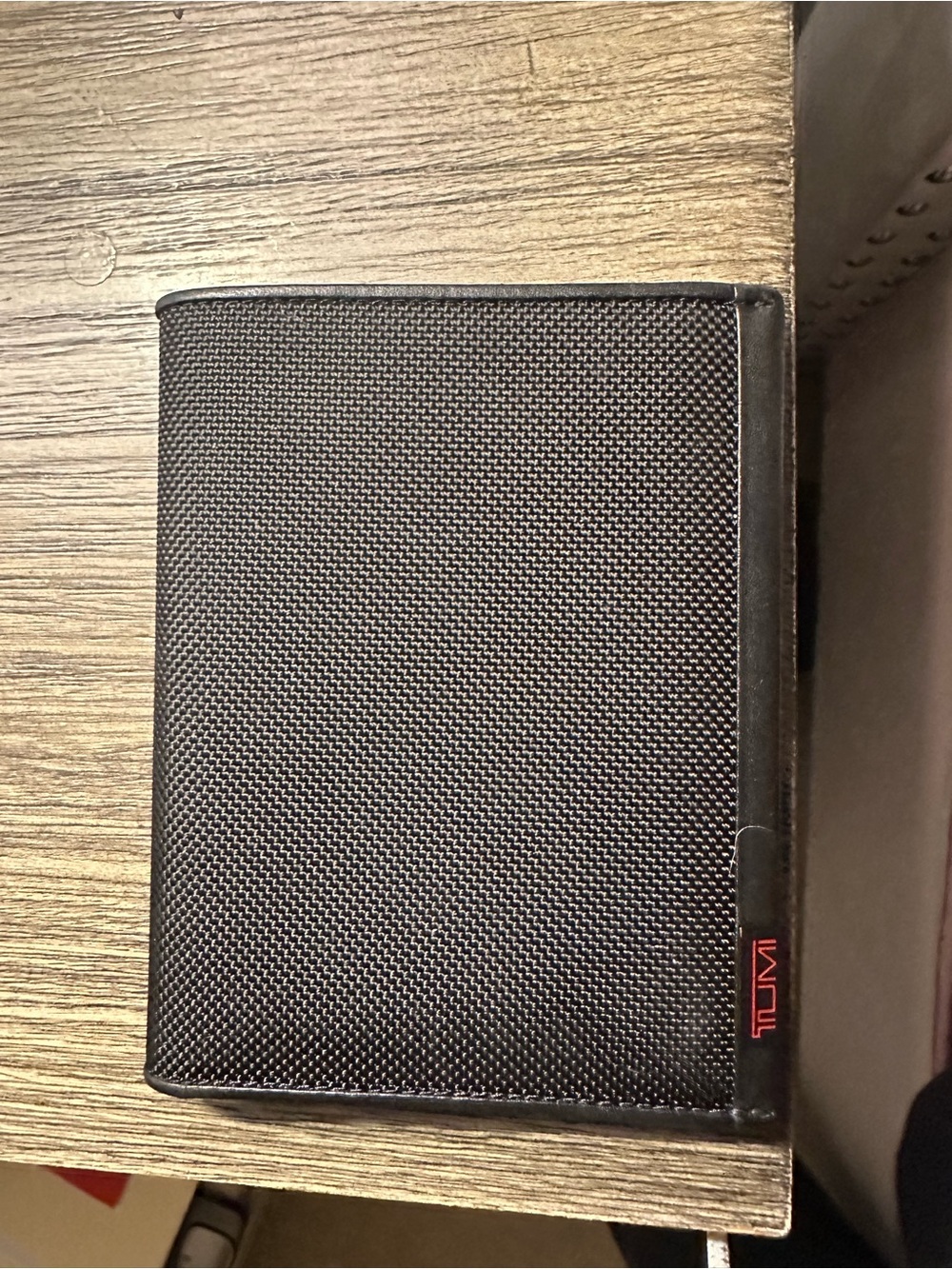 Tumi Black Nylon Passport Card Holder with Red Logo Accent